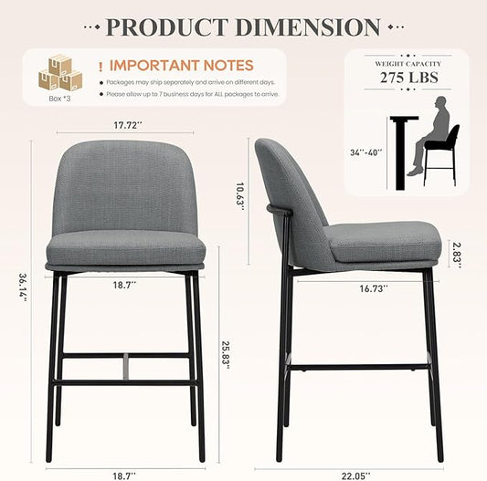 COLAMY Counter Height Bar Stools Set of 6, 25 Inch Modern Fabric Kitchen Island Stools with Back, Upholstered Counter Barstools Armless Bar Chairs with Metal Legs for Island Dining Room Bar,Dark Grey