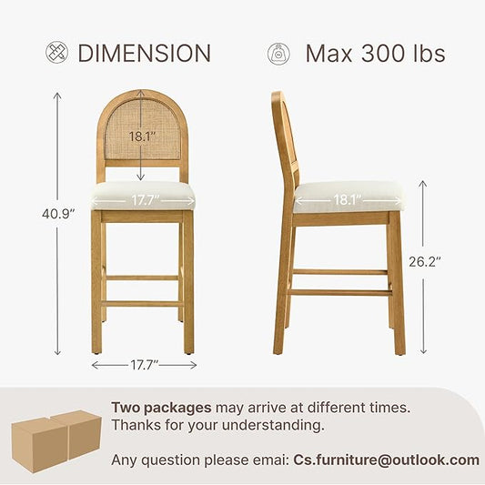 Rattan Counter Height Bar Stools Set of 6, Upholstered Farmhouse Barstools with Natural Rattan Back, Wooden Legs for Kitchen Island, Walnut/Linen,2 Box