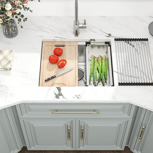 23 Inch Undermount Kitchen Sink - 23x19 Undermount Sink Ledge Workstation Stainless Steel 16 Gauge Single Bowl Handmade Round Corner Small Kitchen Sink with Cutting Board