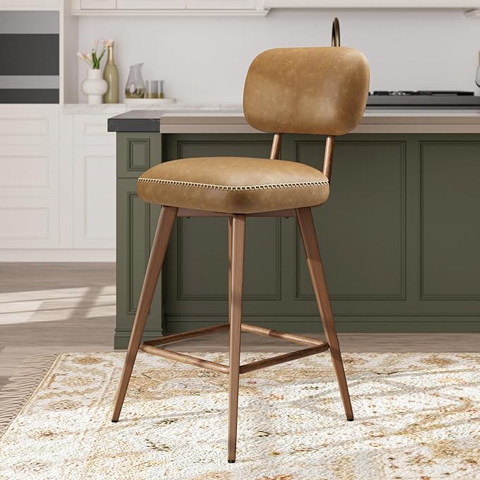 MALOL 26“ PU Leather Swivel Bar Stools Set of 6, Mid Century Counter Height Bar Chairs with Low Back and Metal Legs, Modern Bar Stool Chair for Kitchen Island, Brown
