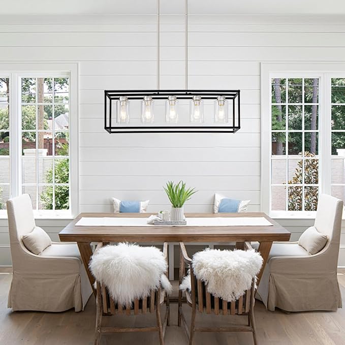 5 Light Dining Room Light Fixture Modern Farmhouse Chandeliers Over Table Black & Brushed Nickel Rectangular Pendent Lighting for Kitchen with Glass Shade Hanging Industrial Ceiling Light