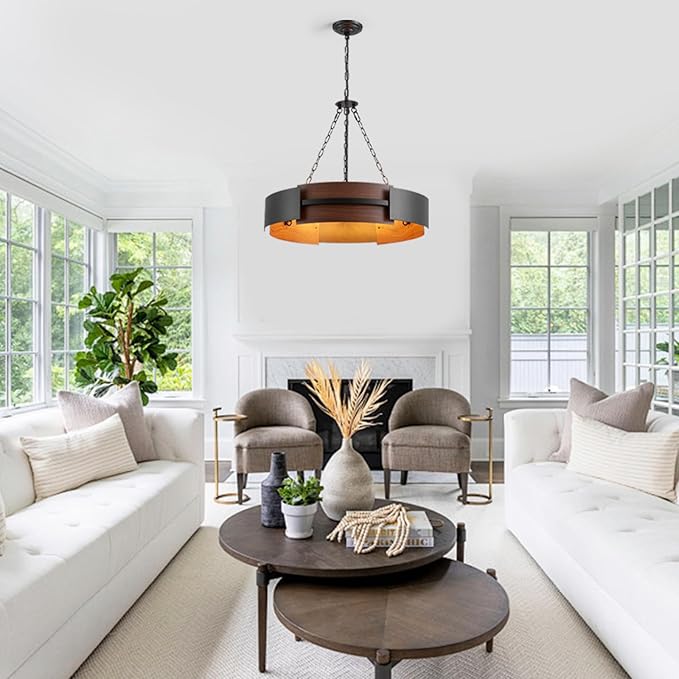 Modern Farmhouse Chandelier 26" Industrial Drum Pendant Lighting Fixture 5-Light Black Walnut Grain Finish for Dining Room Kitchen Island Office Living Room