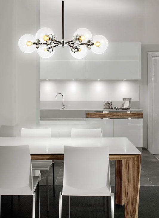 JONATHAN Y 28" Chrome/Black Modern 6-Light Cluster Pendant Chandelier, Clear Glass Shade Hanging Fixture for Kitchen Island Dining Room, LED Bulbs Included, Dimmable (JYL9059A)