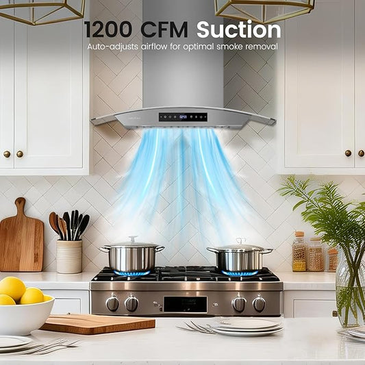 30 inch Wall Mounted Range Hood, 1200 CFM Kitchen Hood with Energy Saving DC Motor, 8-Speed Fan, Ducted/Ductless Convertible, Memory Function & Delay Shutoff, Tempered Glass