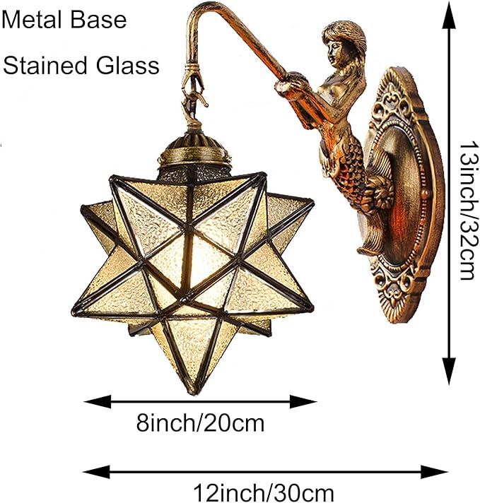 Moravian Star Wall Light with Tiffany Stained Glass Cover, Vintage Rustic Industrial Wall Sconce Retro Wall Mount Lamps Fixture 1-Light,Clear