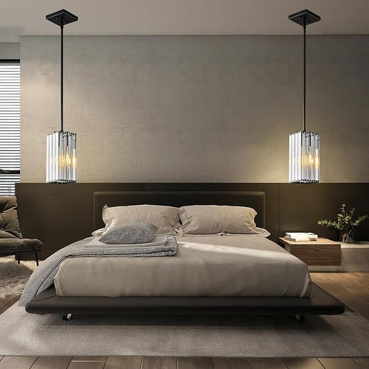 Modern Pendant Light Black Rectangle Pendant Lighting Mini Crystal Chandeliers Adjustable Pendant Light Fixture for Kitchen Island Dinning Room Living Room Corridor Bedroom(Black 1-Pack)