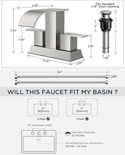 FORIOUS 4 Inch Centerset Brushed Nickel Bathroom Faucet, 2 or 3 Hole Waterfall Square Bathroom Sink Faucet with Metal Pop-up Drain and Supply Lines, Two Handles for Vanity, Lavatory Room, Pedestal