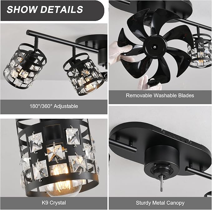 Garwarm Ceiling Fans with Lights and Remote,39.3" Kitchen Ceiling Fan,360° Rotatable Lampheads Bladeless Black Fandelier Flush Mount Ceiling Fans for Bedroom Dining Room Living Room(6 Speed, Timing)