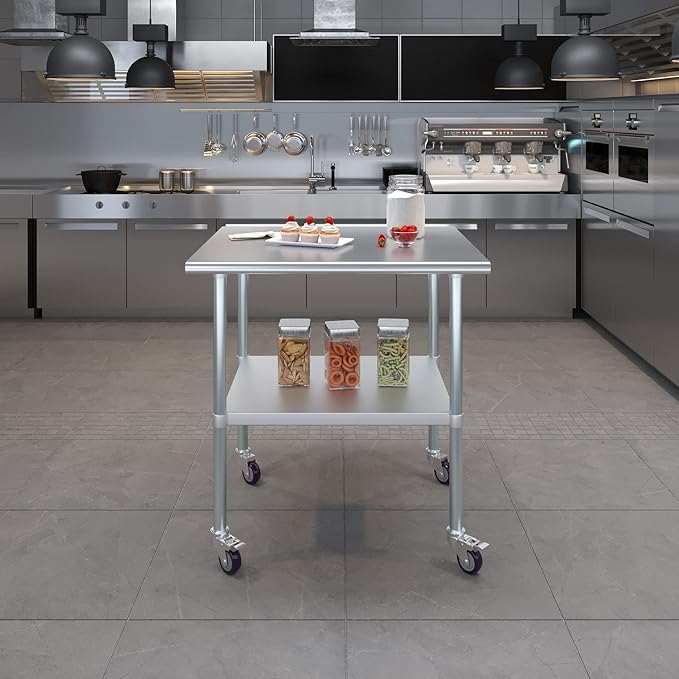 Stainless Steel Work Table with Wheels | NSF Kitchen Island Food Prep | Laundry Garage Utility Bench (Table + Wheels, 36" Long x 30" Deep)