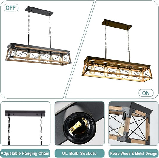Airposta Farmhouse Rustic Wood Chandelier, 5 Lights Metal Rectangle Dining Room Swag Lighting, Kitchen Island Industrial Linear Cage Pendant Light Fixtures Hanging Lamp