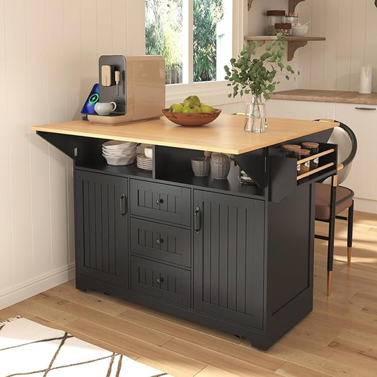 Modern Dining Table 55.7'' Large Kitchen Island with 2 Drop, Rolling Cart on 5 Wheels with Power Outlet, Folding Dining Table with Spice & Towel Rack for Kitchen Living Room,Black-MDF