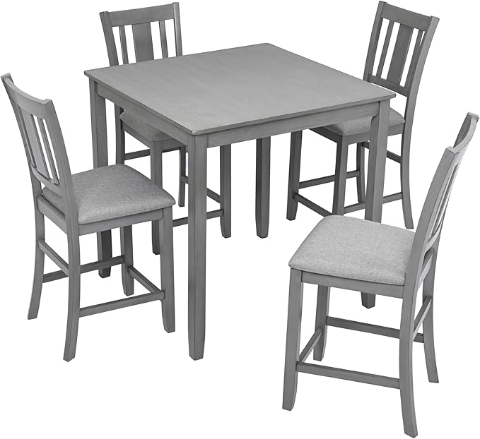 5-Piece Counter Height Solid Wood Dining Table Set for 4, Square Kitchen Table with 4 Upholstered Slatted-Back Chairs, Modern Gray Dining Set for Kitchen and Dining Room