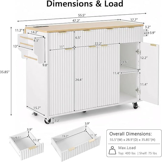 55.5" Fluted Kitchen Island with Power Outlet and Drop Leaf, Narrow Kitchen Island with Storage Srawers and 4 Doors, Rolling Island Table with Wood-grain Top, Curved Edge for Dining Room White