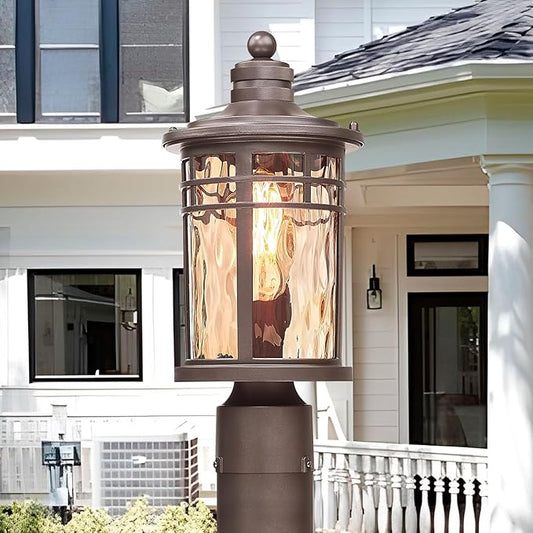Darkaway Outdoor Post Light,Lamp Post Light Fixture, Waterproof Aluminum Housing with Amber Ripple Glass for Garden Patio Pathway Entry