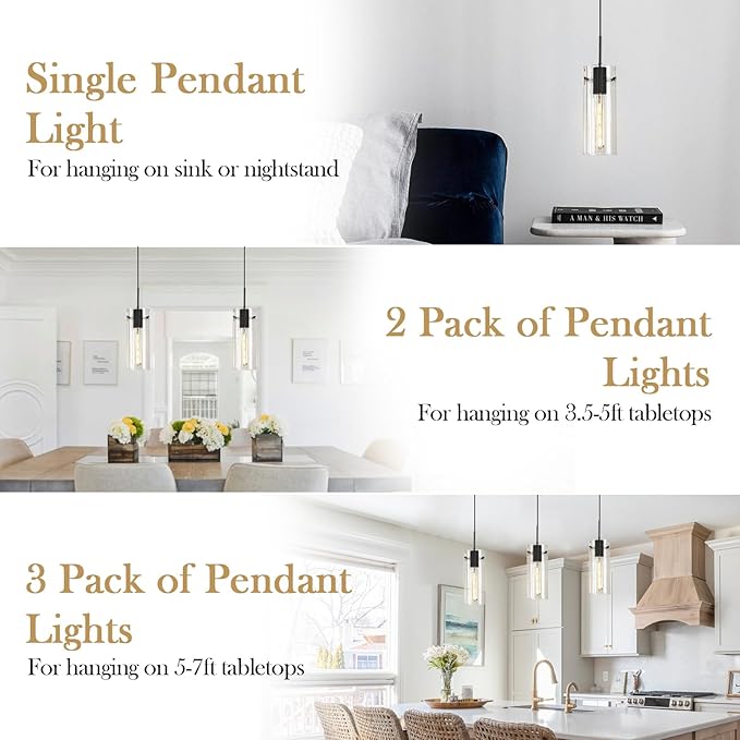 Glass Black Pendant Light, 2 Pack Modern Kitchen Island Pendant Lighting with Ribbed Glass, Adjustable Cord Pendant Light for Over Island, Dining Room, Bathroom Bedroom