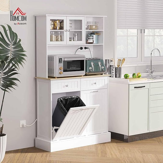 HOMCOM 68" Kitchen Pantry Storage Cabinet with Charging Station, 2 Tilt Out 10 Gallon Trash Can Cabinets and Drawers, Freestanding Kitchen Hutch with Glass Doors and Adjustable Shelf, White