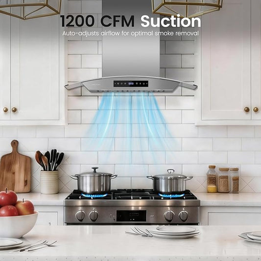 36 inch Wall Mount Range Hood, 1200 CFM Stainless Steel & Tempered Glass Vent Hood with 8-Speed Gesture Sensing and Touch Control, Dishwasher-Safe Baffle Filters, Delay Shutoff Timer