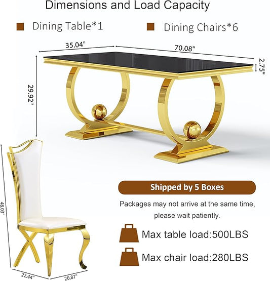 7-Piece Modern Luxury Dining Table Set, 70" Black Tempered Glass Dining Table with Gold Polished Stainless Steel U-Shaped Pedestal Base, 6 White PU Leather X-Leg Dining Chairs, for Dining Room