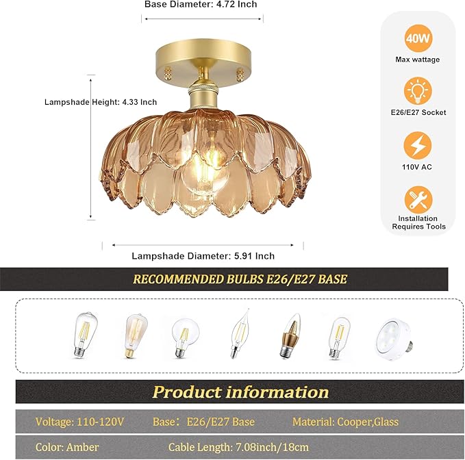 Shenmoyl Semi Flush Mount Gold Vintage Lights Fixture with Amber Peony Glass, Bulb Included, 4.72" Base Modern Ceiling Light for Kitchen Bedroom