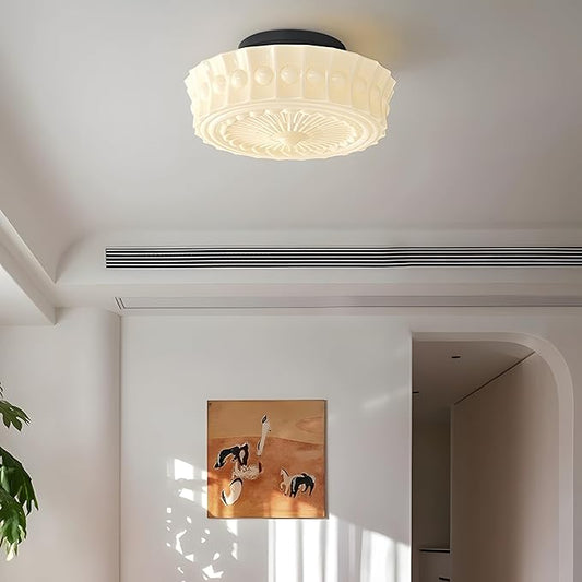 Bofea-Cream Glass Semi Flush Mount Ceiling Light Creative Sunflower Ceiling Light Fixture,Vintage Black Flush Mount Ceiling Lamp,Mid Century Ceiling Lighting for Bedroom,Hallway,Schoolhouse Kitchen.
