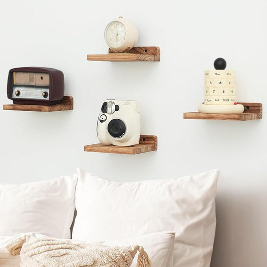Small Floating Shelf, 5x6 Inch Display Ledges for Wall,Mini Shelves,Rustic Wood Shelf for Bedroom Living Room Bathroom Kitchen (3, Carbonized Black)