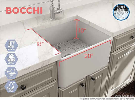 BOCCHI Classico Apron Front Fireclay 20 in. Single Bowl Kitchen Sink with Protective Bottom Grid and Strainer in Matte White