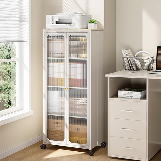 Metal Storage Cabinet Organizer,Kitchen Storage Cabinets With Doors and Shelves,Small Tall Narrow Cabinet with Acrylic Doors & Wheels, Slim Office Cabinets Shelf,NO SCREW NO TOOL ASSEMBLY,White