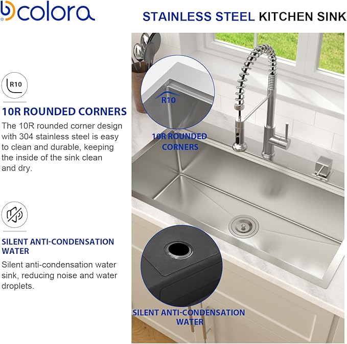 Dcolora 33x19 Kitchen Sink Drop In with Workstation Handed-Welding 16 Gauge 304 Stainless Steel Large Single Bowl Drop In Sink Top mount Brushed Nickel, #DC-T7764