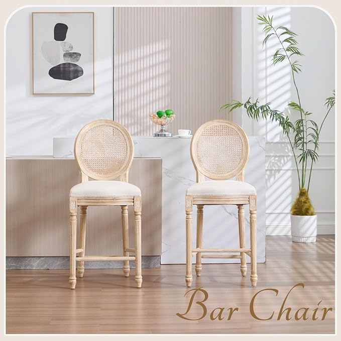 French Country Upholstered Bar Stools Set of Two, Natural Rattan Round Backrest, Solid Wood Frame with Carving and Wire Drawing Techniques, Vintage Dining Chairs for Kitchen Island (Beige A)
