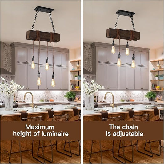 KEESFU 4-Lights Farmhouse Pendant Lights Kitchen Island, Rustic Wooden Ceiling Hanging Light, Height Adjustable, Dining Room Chandelier for Kitchen Island Dining Room Bar Pool Table Cabin.