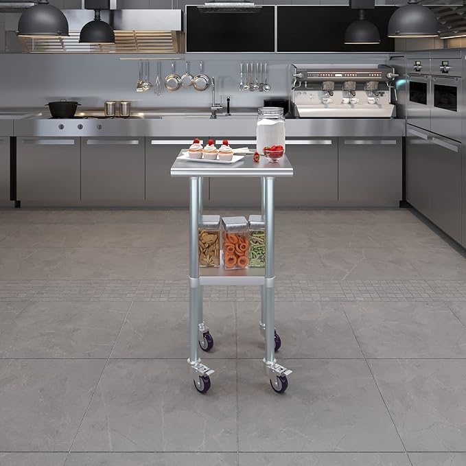 Stainless Steel Work Table with Wheels | NSF Kitchen Island Food Prep | Laundry Garage Utility Bench (Table + Wheels, 20" Long x 20" Deep)