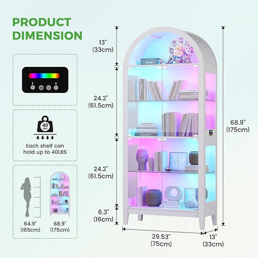 HNEBC Arched Book Shelf with Glass Doors, LED Bookcase with RGB Lights, 5 Tier Cabinet Has 9-Cube Storage, 69" Display Cabinet for Living Room,Bedroom(White)