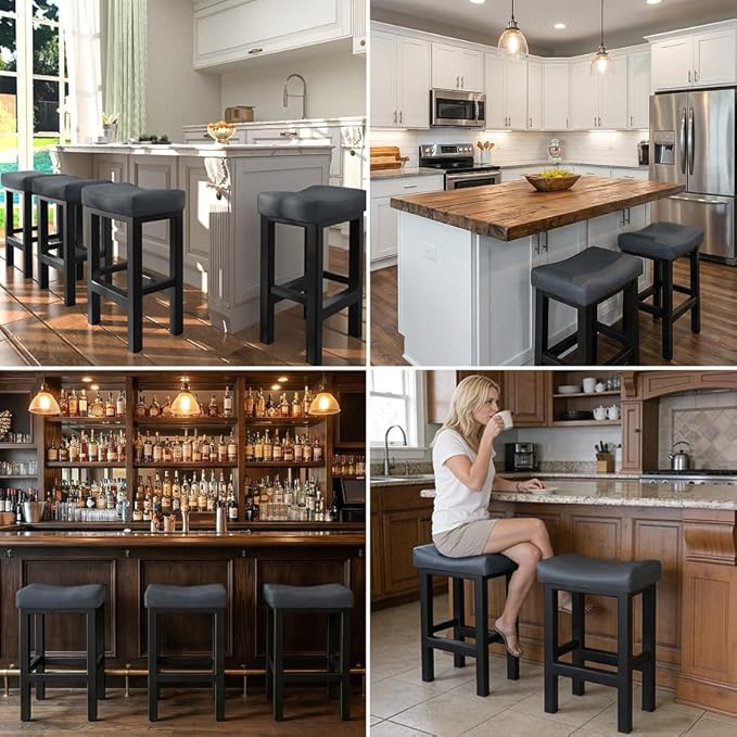 Bar Stools Set of 2, 24 Inch Counter Height Bar Stools for Kitchen Island, Faux Leather Upholstered Thick Saddle Seats & Heavy Duty Metal Base, Easy Assembly, Gray