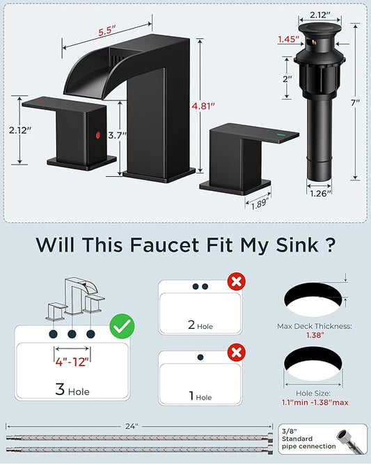 FORIOUS 2 Pack, Waterfall Bathroom Faucets 3 Hole, 8 Inch Widespread Square Matte Black Bathroom Sink Faucet with Metal Pop-up Drain and cUPC Supply Lines, Two Handles for Vanity, Restroom, Commercial