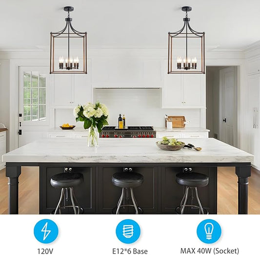 XINGQI 15.7" Modern Farmhouse Chandeliers for Dining Room 6-Light Geometric Lantern Black Wood Grain Finish Cage Pendant Lighting Fixture for Staircase Foyer Kitchen Entryway