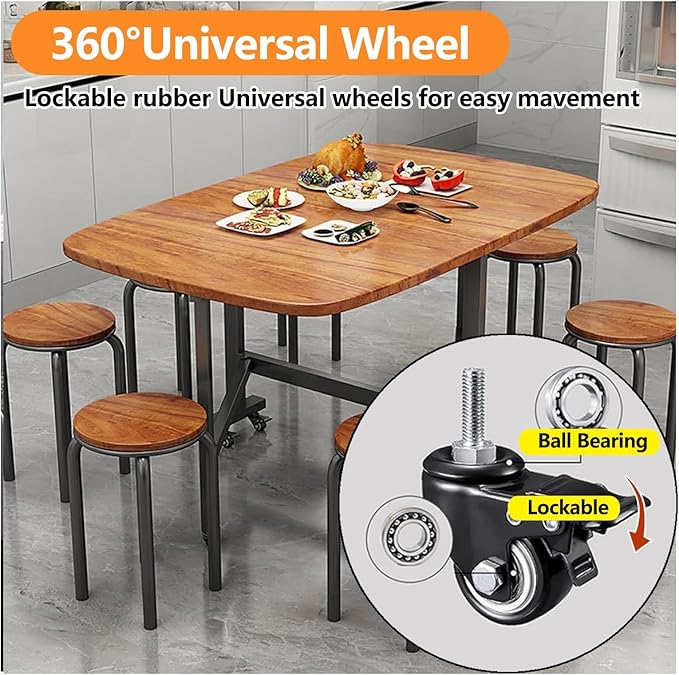 Folding Dining Table, Solid Wooden Foldable Kitchen Table with 6 Wheels, Living Room, Brown Drop Leaf Dining Table for 4-8, Multifunction Expandable Folding Table for Small Spaces Kitchen, Bedroom