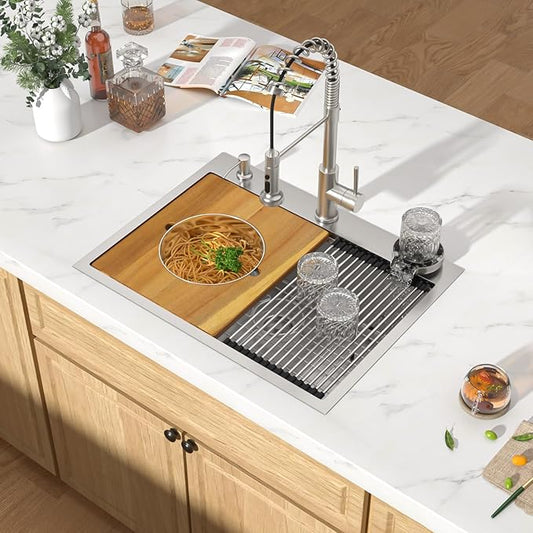 28 Inch Drop In Stainless Steel Kitchen Sink, 16 Gauge Single Bowl Workstation 3-Hole Sink with Cup Washer, Mixing Bowl, and Pasta Strainer #TLT-0047