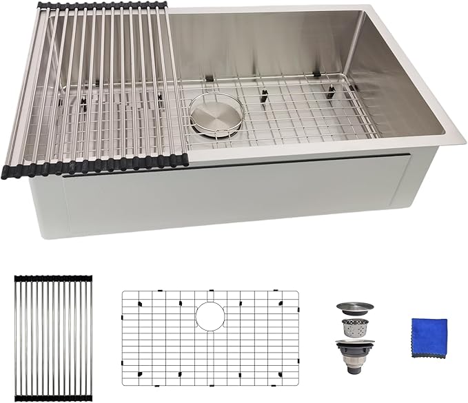 30 Inch Undermount Kitchen Sink - Delironexu 16G Stainless Steel Undermount Sink, 30''x18'' Deep Single Bowl Kitchen Sinks with 4 Accessories