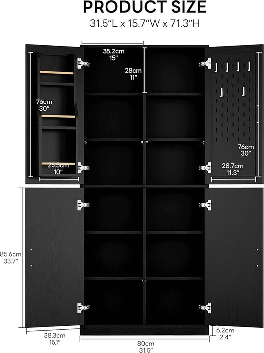 IRONCK 71" Kitchen Pantry Storage Cabinet with Storage Rack, Pegboard Doors, 4 Adjustable Shelves, Food Pantry Cabinet, Freestanding Tall Cupboard for Dining Room, Kitchen, Black