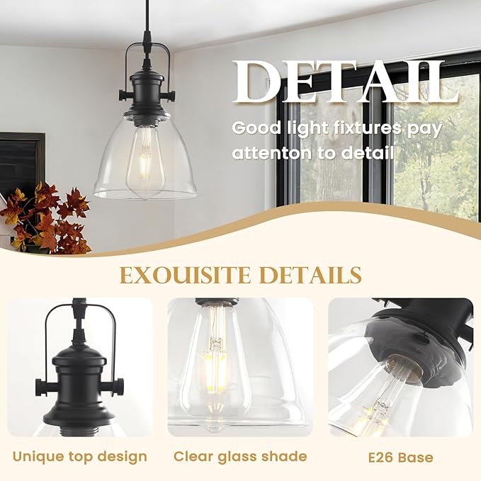 Black Pendant Lights Kitchen Island 2 Pack, Farmhouse Pendant Light, Industrial Clear Glass Pendant Light, 6.5 inches Kitchen Pendant Lighting Over Island Sink Dining Room