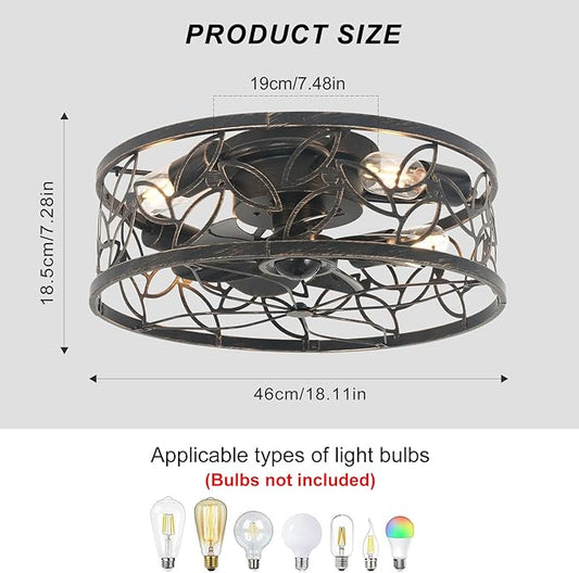 Garwarm Caged Ceiling Fan with Light,18in Rustic Industrial Ceiling Fans with Lights and Remote,Bladeless Fandelier Ceiling Fan,Small Flush Mount Ceiling Fan for Kitchen,Bedroom(6 Speed,Timing)-Bronze
