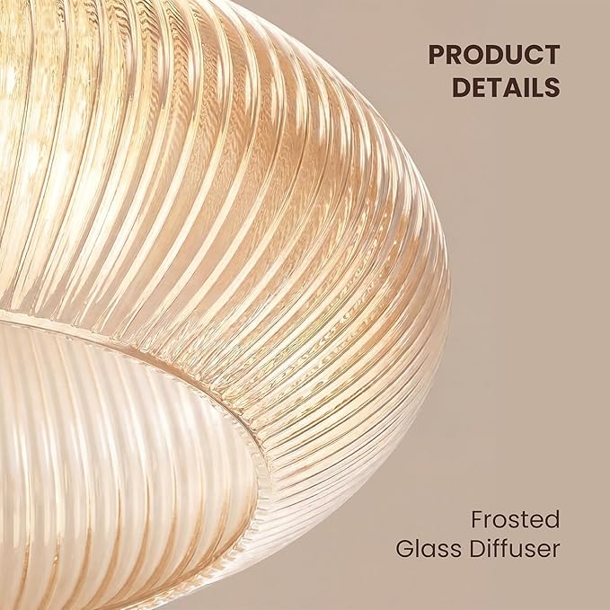 Retro Walnut Base Amber Fluted Glass Ceiling Light – Vintage Ribbed Glass Semi-Flush Mount Fixture with Metal Wood Base, E26 Base 10W Max, for Kitchen Island, Hallway, Bedroom