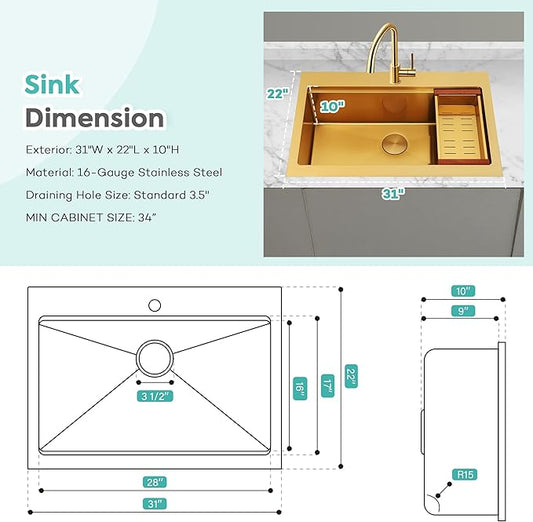 Rhbamoa Gold Kitchen Sink,31 Inch Gold Drop in Kitchen Sink Single Bowl,16 Gauge T304 Stainless Steel Workstation Sinks,10 Inch Deep Topmount Sinks with All Accessories