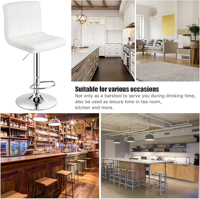 COSTWAY Adjustable Bar Stools Set of 2, Modern Swivel PU Leather Bar Chair with Backrest, Soft Cushioned Seat, Footrest, Sturdy Metal Frame, Comfortable Barstools for Kitchen Island, Pub, White