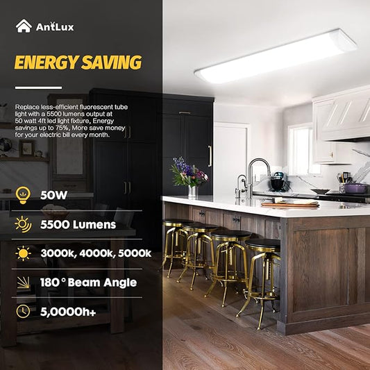 ANTLUX 4FT LED Wraparound Puff Lights, 50W/5500LM, 3 Color Temperature Dimmable LED Wrap Light, 4 Foot LED Flush Mount Ceiling Lights, 48 Inch LED Light Fixtures for Kitchen Laundry Office, White