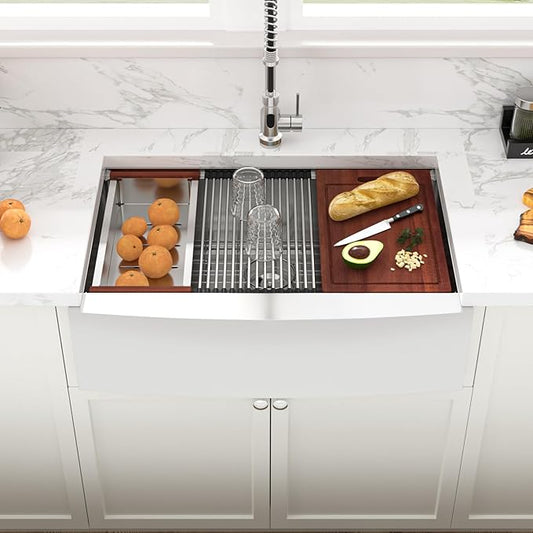 Sarlai 30 Farmhouse Kitchen Sink Stainless - 30 x 22 Inch Farmhouse Sink Ledge Workstation Sinks Apron Front Single Bowl 16 Gauge Stainless Steel Luxury Kitchen Farm Sinks