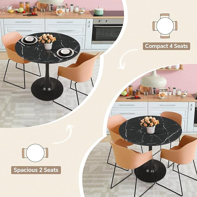 Round Dining Table 27.5" Faux Marble Black Tulip Table with Pedestal Base for 2-4 People Small Space - Kitchen Living Room Cafe