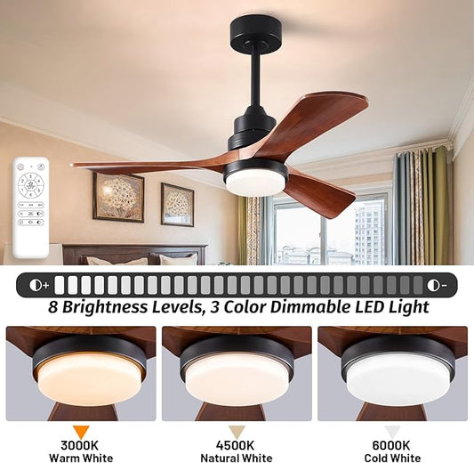 42 inch Wood Ceiling Fans with Lights and Remote, Upgraded Dimmable, Quiet Reversible DC Motor, 3 Blades 6 Speeds Black Ceiling Fan for Farmhouse Living Room Bedroom Dining Room Workroom Study