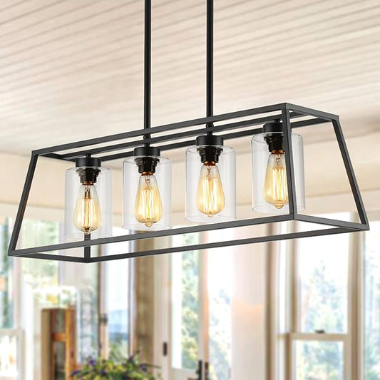 Black Farmhouse Chandeliers for Dining Room, Rustic Kitchen Island Light Fixture, 4-Lighting Linear Pendant Lamp Kitchen Island with Glass Shade ,Apply to Dining Room Light fixtures Over Table