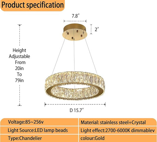 Modern LED Ring Pendant Light Dimmable Crystal Chandelier 15.7" Gold Crystal Chandelier for Dining Room Living Room